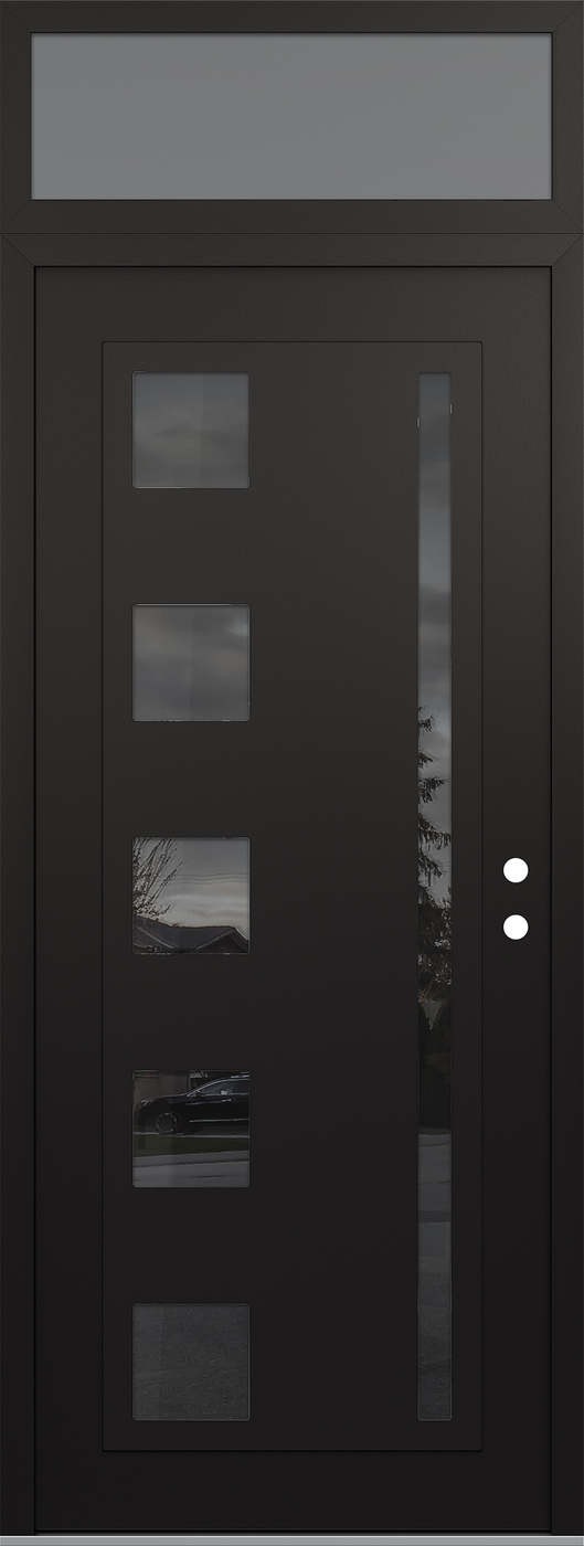 Modern Steel Front Door DIAMOND C3 36" X 96" BLACK/BLACK MIRRORED GLASS PANEL BLACK LHI WITH TRANSOM FROSTED GLASS