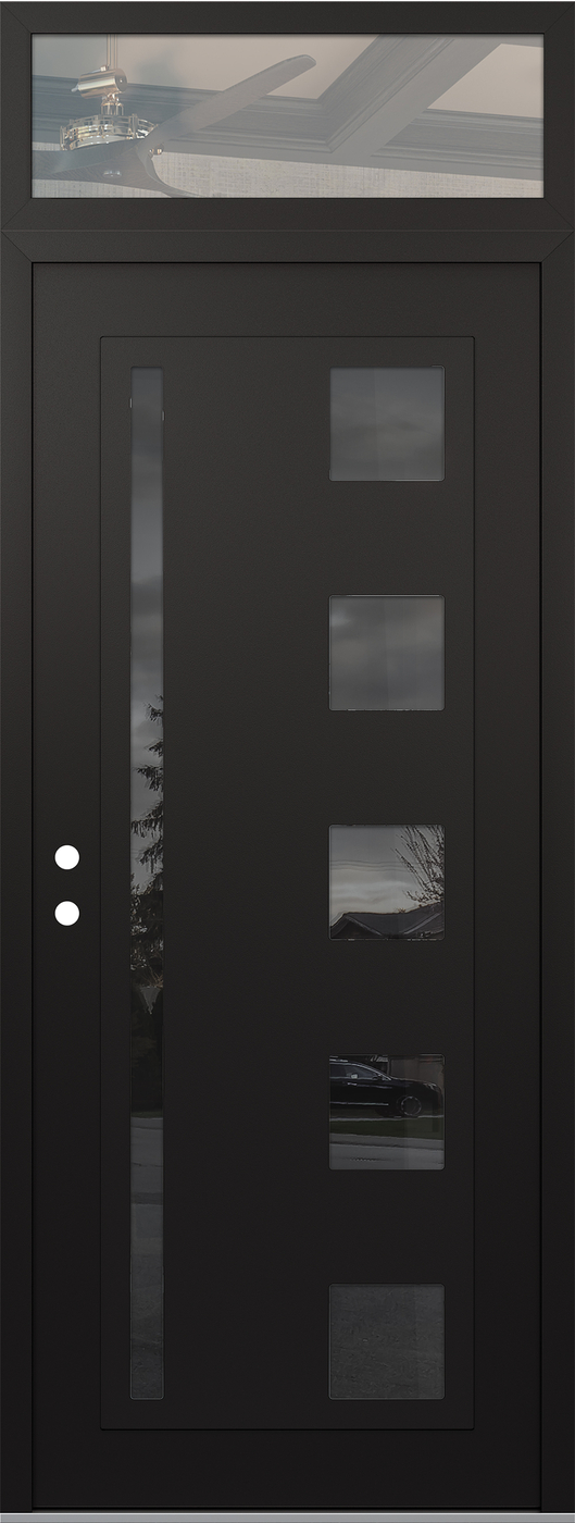 Modern Steel Front Door DIAMOND C3 36" X 96" BLACK/BLACK MIRRORED GLASS PANEL BLACK RHI WITH TRANSOM CLEAR GLASS