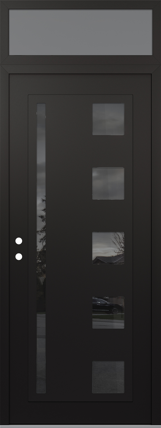 Modern Steel Front Door DIAMOND C3 36" X 96" BLACK/BLACK MIRRORED GLASS PANEL BLACK RHI WITH TRANSOM FROSTED GLASS