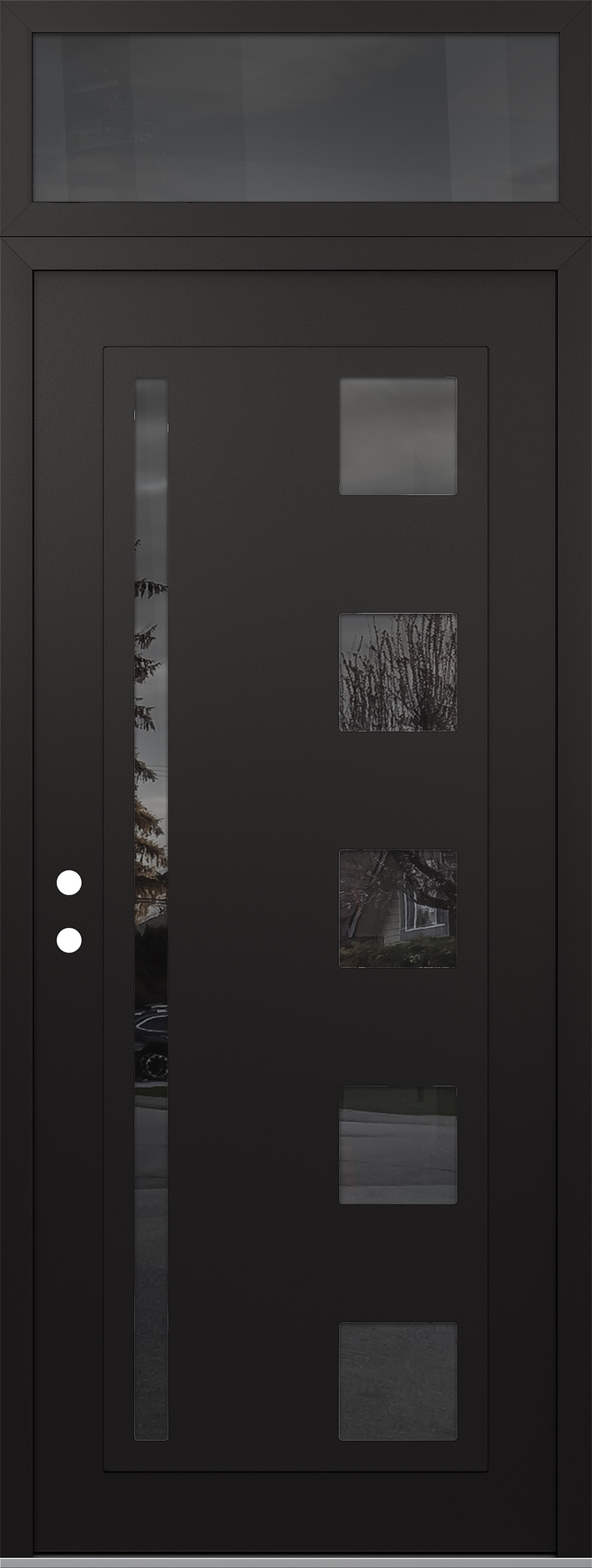 Modern Steel Front Door DIAMOND C3 36" X 96" BLACK/BLACK MIRRORED GLASS PANEL BLACK RHI WITH TRANSOM MIRRORED GLASS
