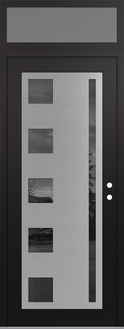 Modern Steel Front Door DIAMOND C3 36" X 96" BLACK/BLACK MIRRORED GLASS PANEL STAINLESS STEEL LHI WITH TRANSOM FROSTED GLASS