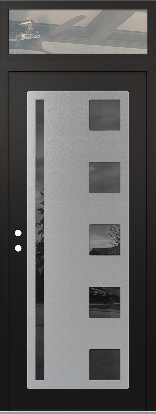 Modern Steel Front Door DIAMOND C3 36" X 96" BLACK/BLACK MIRRORED GLASS PANEL STAINLESS STEEL RHI WITH TRANSOM CLEAR GLASS