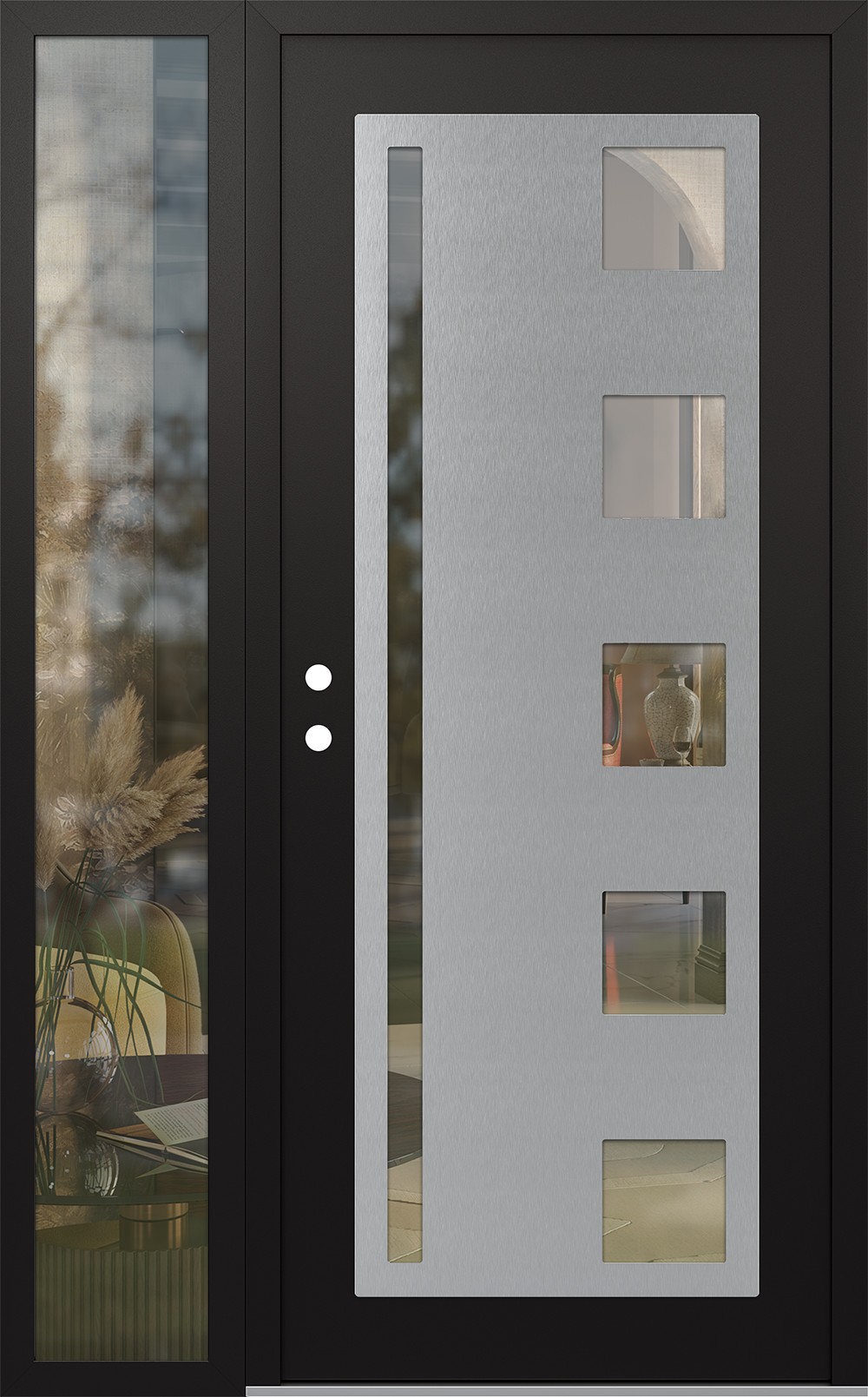 Modern Steel Front Door Diamond C3 48" x 80" black/black clear Glass Panel stainless steel RHI with Sidelite clear Glass