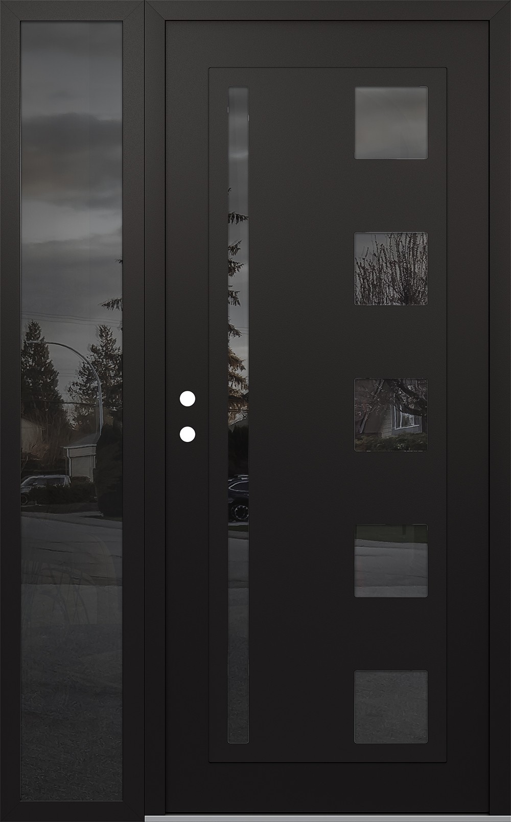Modern Steel Front Door Diamond C3 48" x 80" black/black mirrored Glass Panel black RHI with Sidelite mirrored Glass