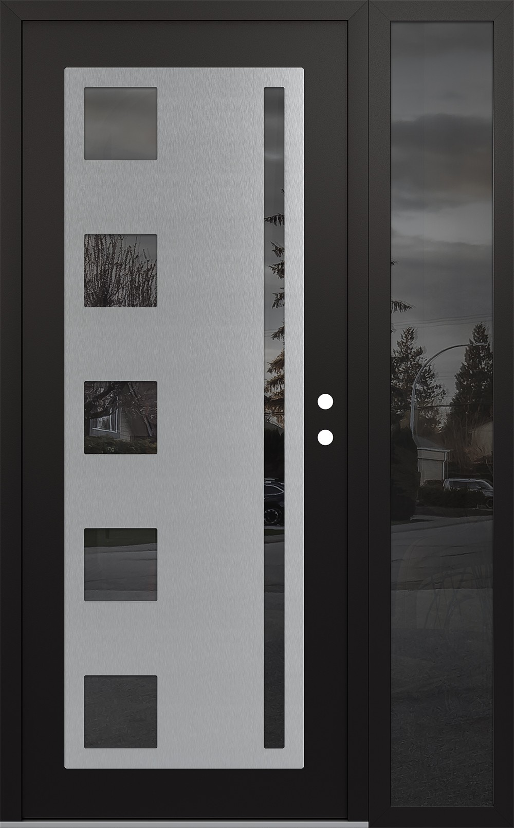 Modern Steel Front Door Diamond C3 48" x 80" black/black mirrored Glass Panel stainless steel LHI with Sidelite mirrored Glass