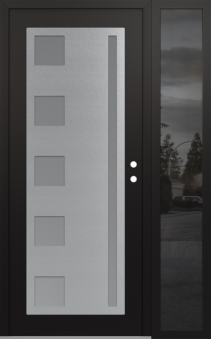 Modern Steel Front Door Diamond C3 48" x 80" black/white frosted Glass Panel stainless steel LHI with Sidelite mirrored Glass