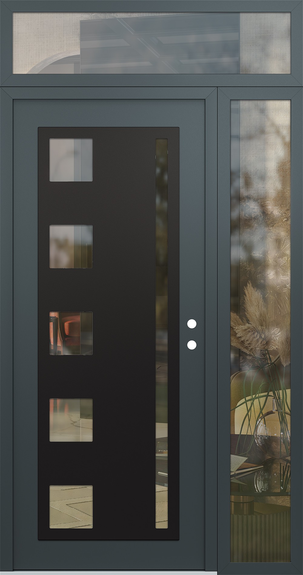 Modern Steel Front Door Diamond C3 48" x 96" anthracite/anthracite clear Glass Panel black LHI with Sidelite and Transom clear Glass