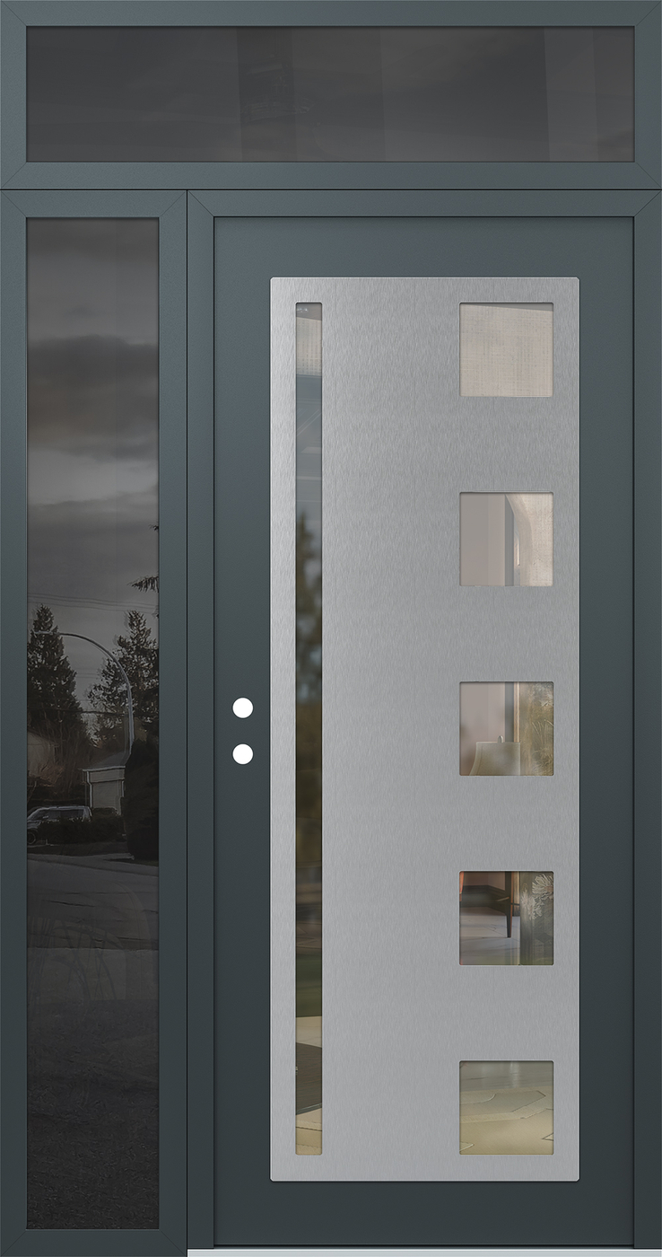 Modern Steel Front Door Diamond C3 48" x 96" anthracite/anthracite clear Glass Panel stainless steel RHI with Sidelite and Transom mirrored Glass