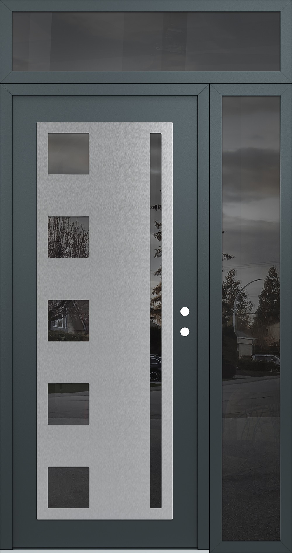 Modern Steel Front Door Diamond C3 48" x 96" anthracite/anthracite mirrored Glass Panel stainless steel LHI with Sidelite and Transom mirrored Glass