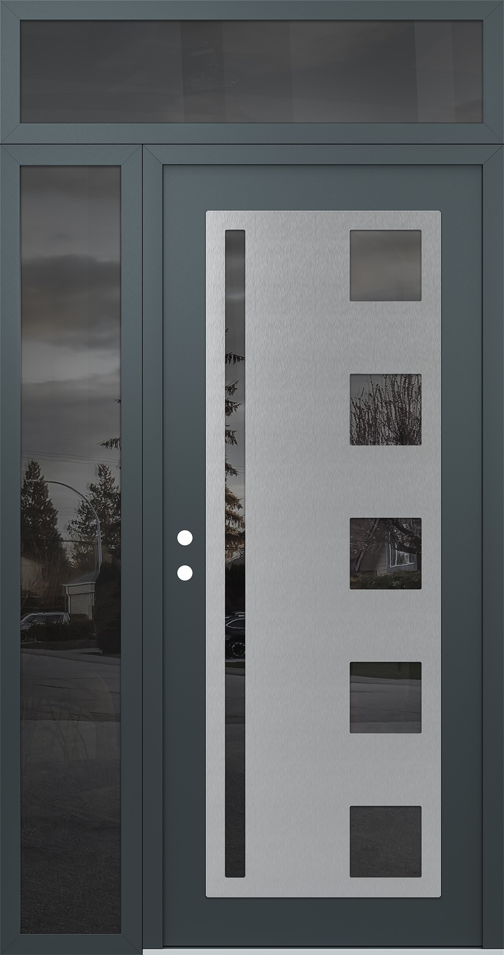Modern Steel Front Door Diamond C3 48" x 96" anthracite/anthracite mirrored Glass Panel stainless steel RHI with Sidelite and Transom mirrored Glass