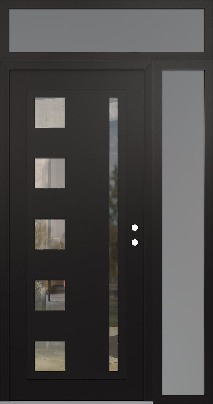 Modern Steel Front Door Diamond C3 48" x 96" black/black clear Glass Panel black LHI with Sidelite and Transom frosted Glass