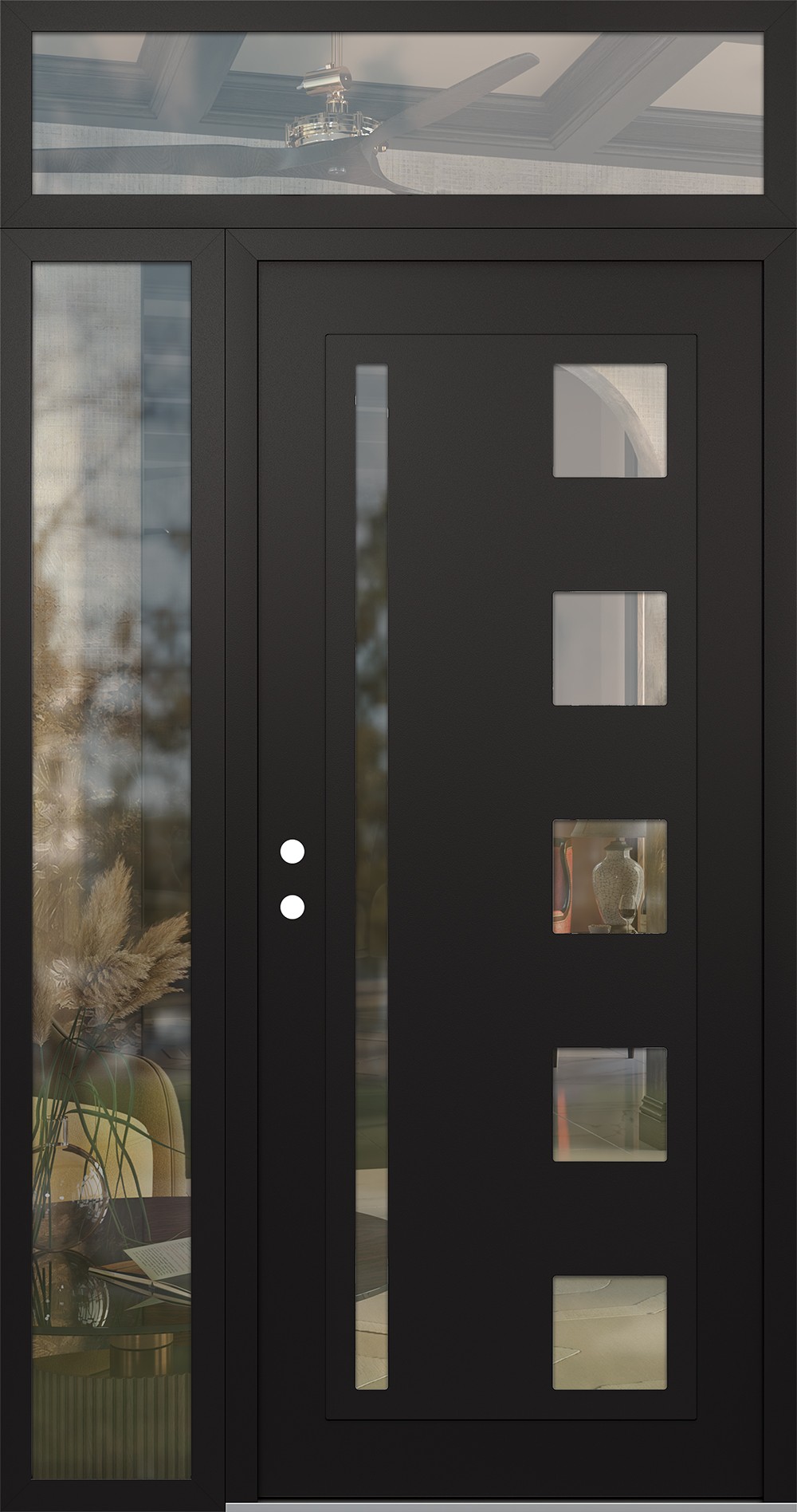 Modern Steel Front Door Diamond C3 48" x 96" black/black clear Glass Panel black RHI with Sidelite and Transom clear Glass