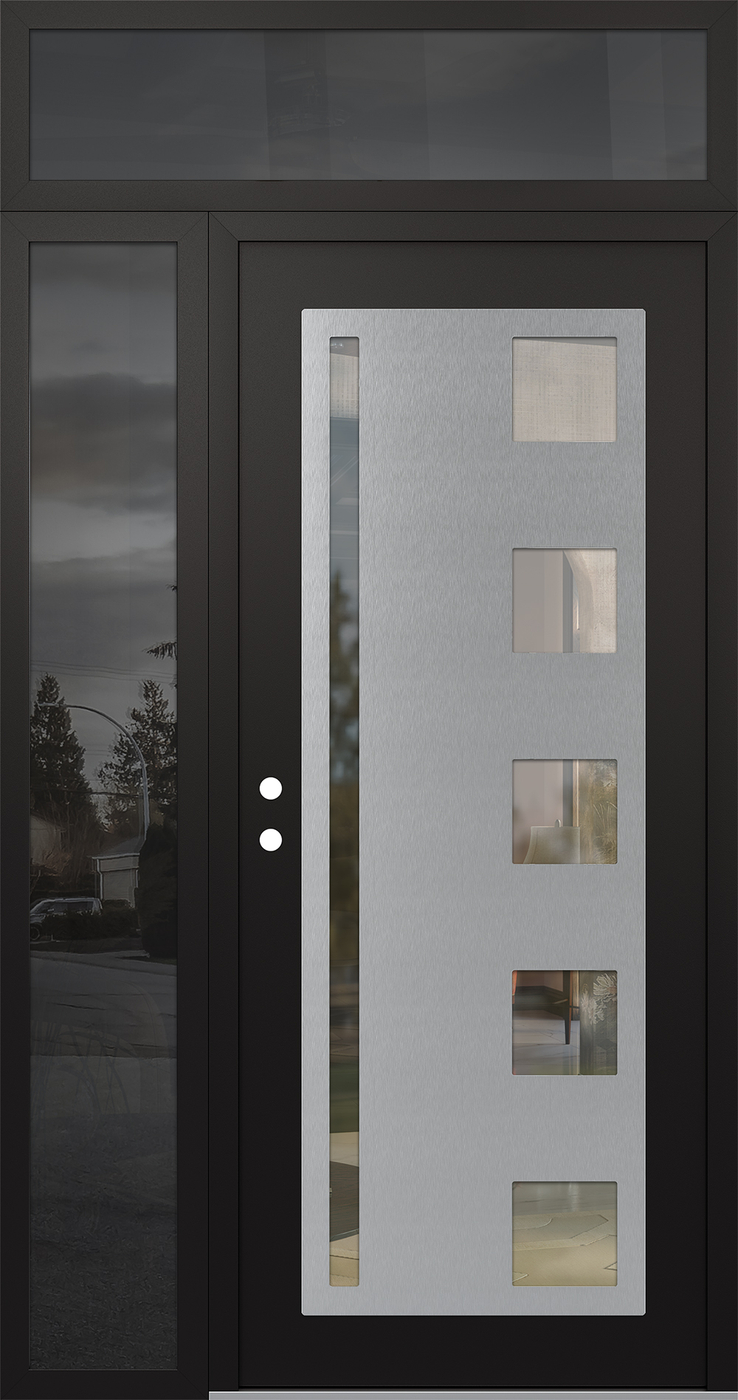 Modern Steel Front Door Diamond C3 48" x 96" black/black clear Glass Panel stainless steel RHI with Sidelite and Transom mirrored Glass