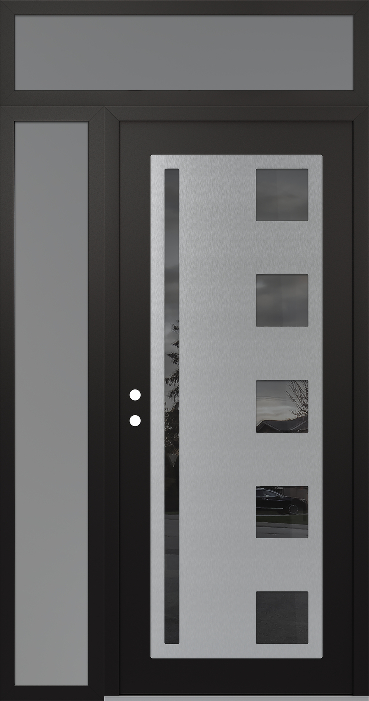 Modern Steel Front Door Diamond C3 48" x 96" black/black mirrored Glass Panel stainless steel RHI with Sidelite and Transom frosted Glass