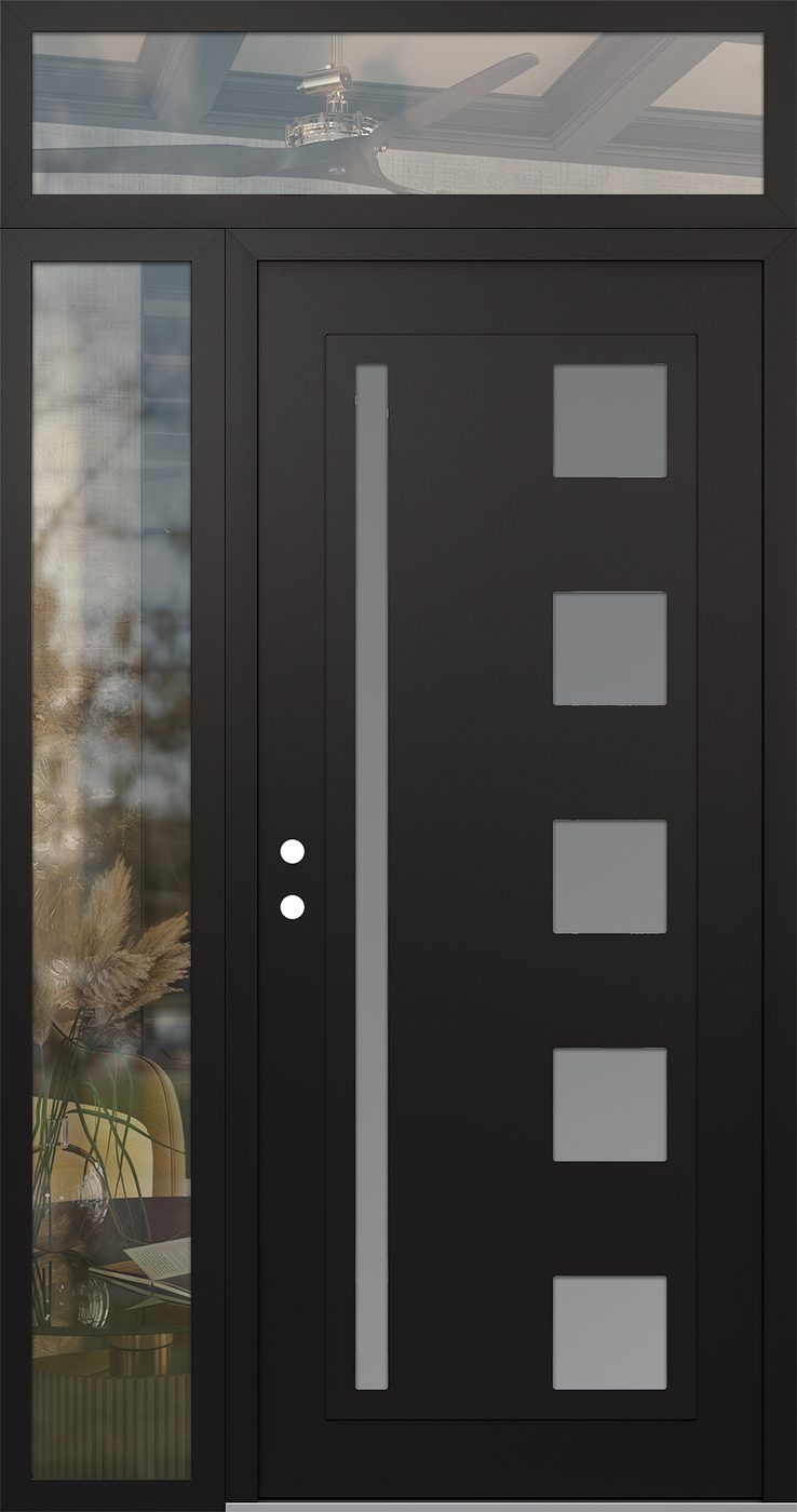 Modern Steel Front Door Diamond C3 48" x 96" black/white frosted Glass Panel black RHI with Sidelite and Transom clear Glass