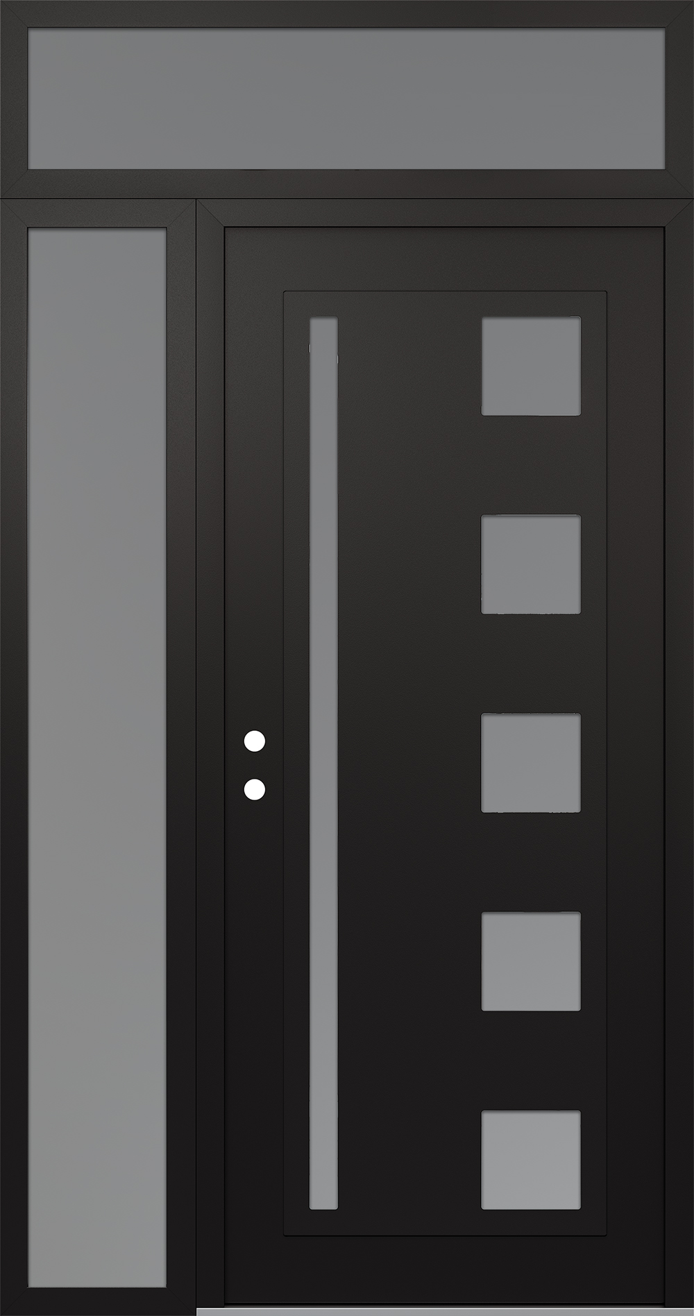 Modern Steel Front Door Diamond C3 48" x 96" black/white frosted Glass Panel black RHI with Sidelite and Transom frosted Glass