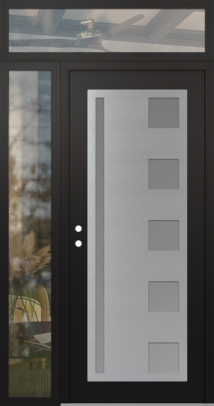 Modern Steel Front Door Diamond C3 48" x 96" black/white frosted Glass Panel stainless steel RHI with Sidelite and Transom clear Glass
