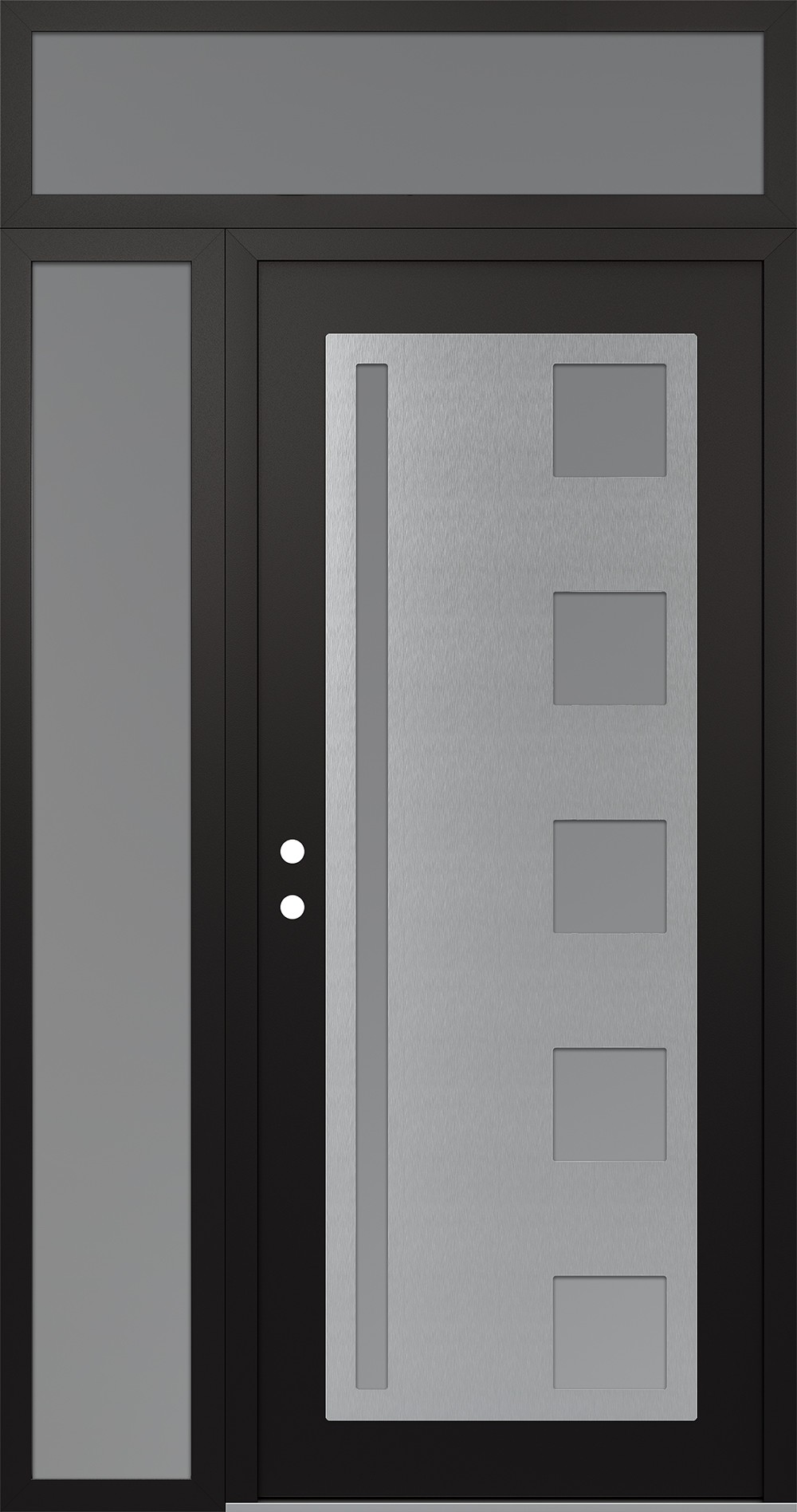 Modern Steel Front Door Diamond C3 48" x 96" black/white frosted Glass Panel stainless steel RHI with Sidelite and Transom frosted Glass