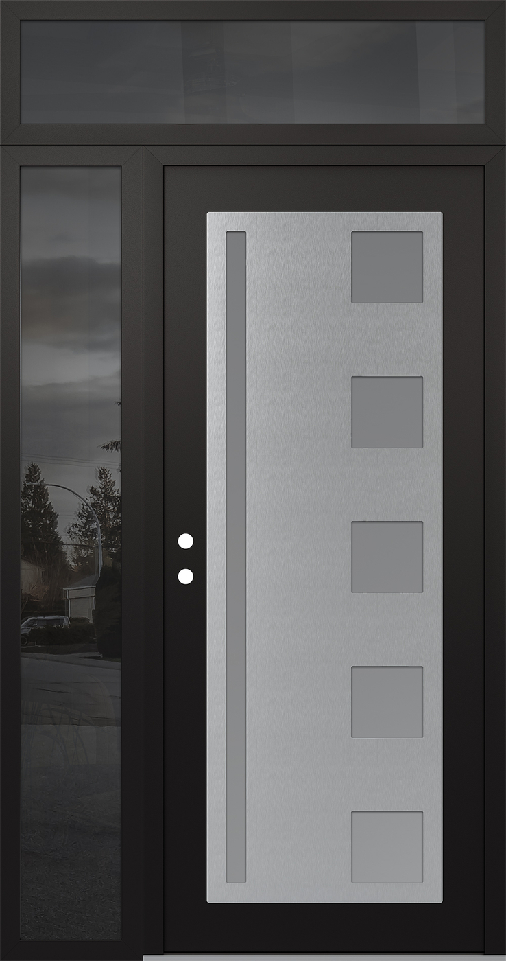 Modern Steel Front Door Diamond C3 48" x 96" black/white frosted Glass Panel stainless steel RHI with Sidelite and Transom mirrored Glass