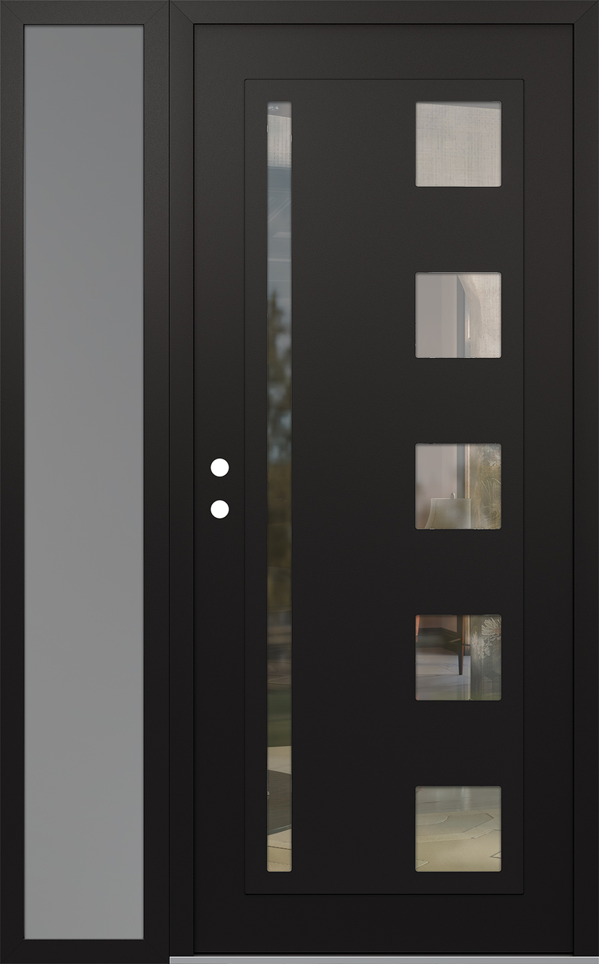 Modern Steel Front Door Diamond C3 50" x 80" black/black clear Glass Panel black RHI with Sidelite frosted Glass