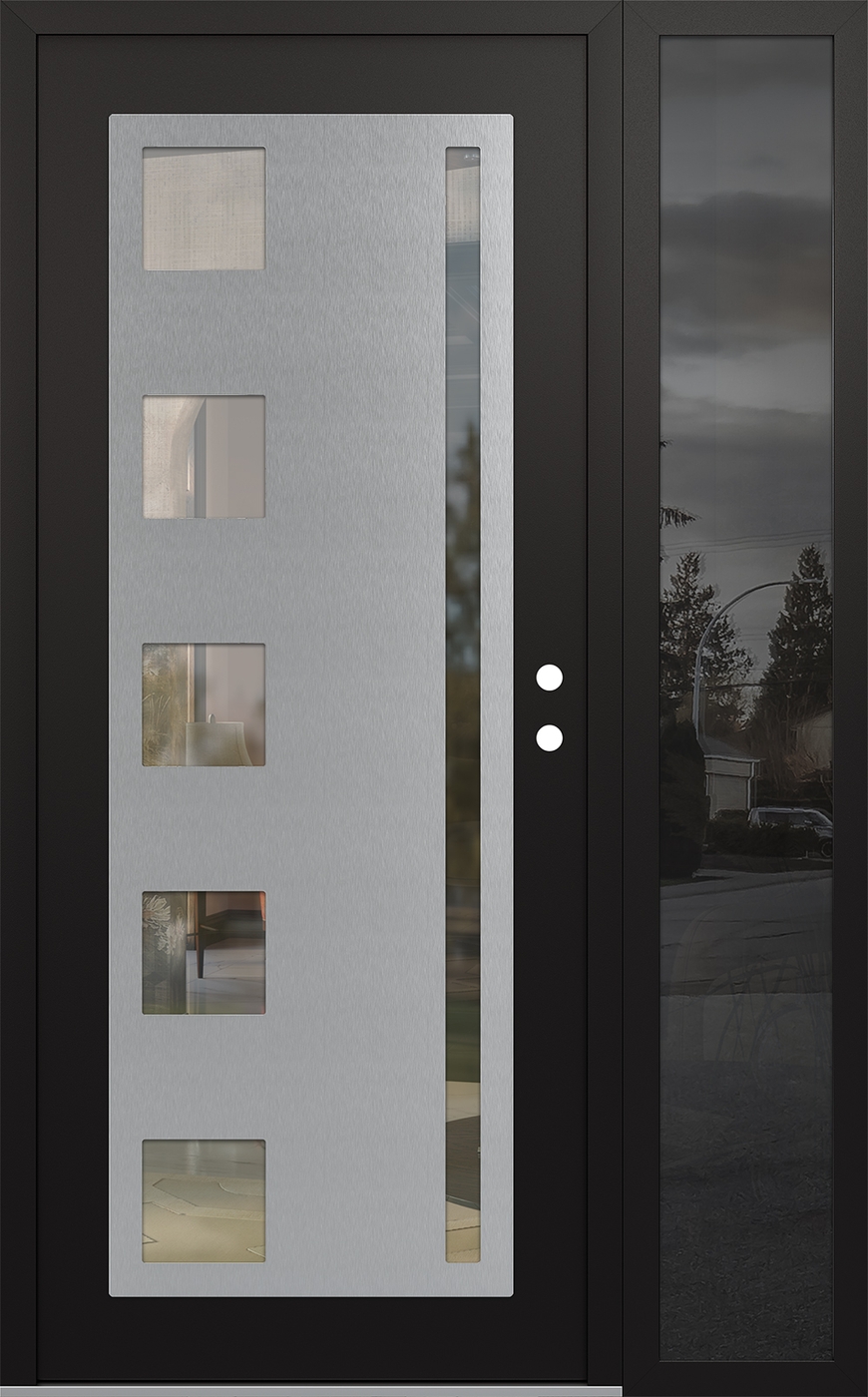 Modern Steel Front Door Diamond C3 50" x 80" black/black clear Glass Panel stainless steel LHI with Sidelite mirrored Glass