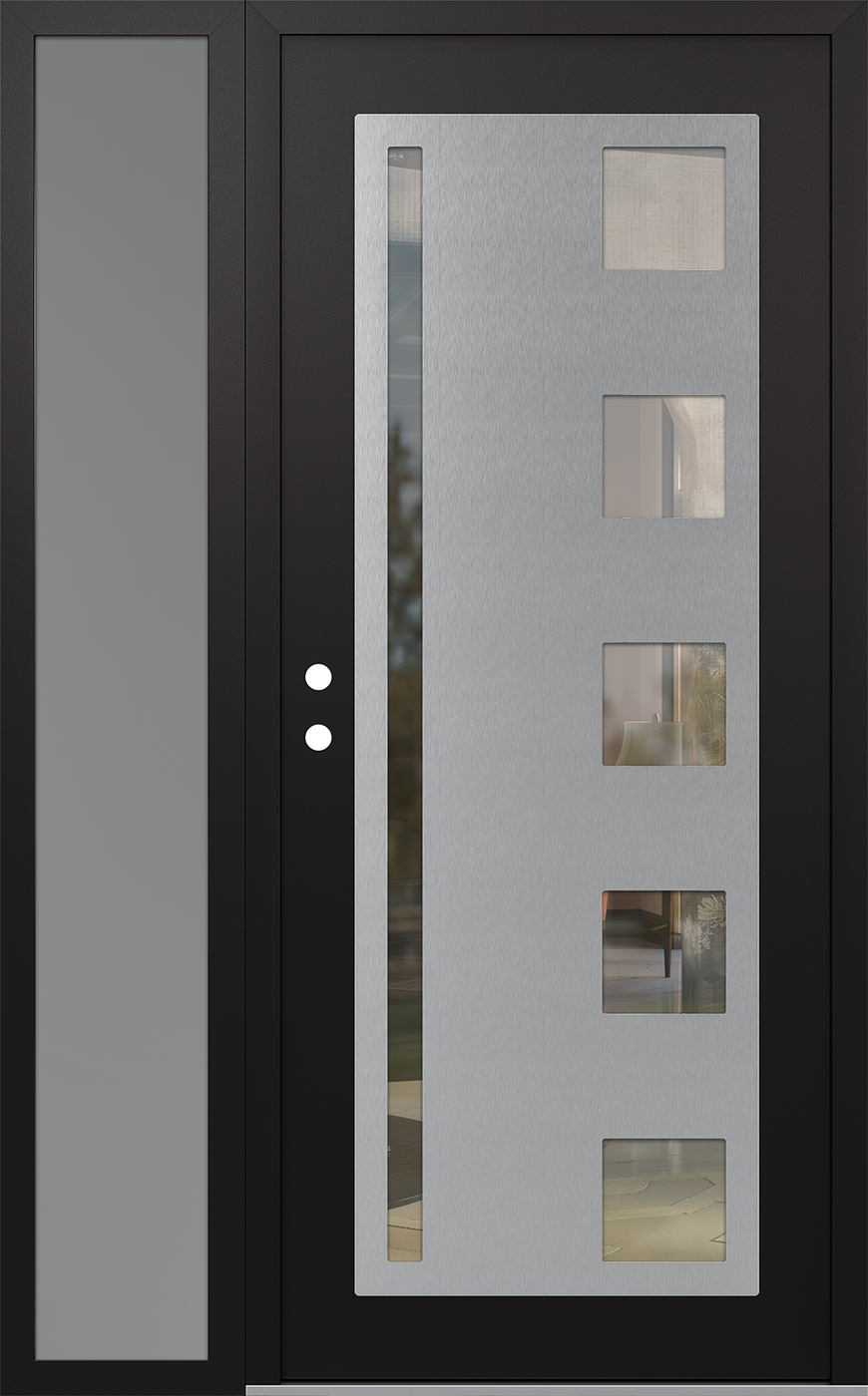 Modern Steel Front Door Diamond C3 50" x 80" black/black clear Glass Panel stainless steel RHI with Sidelite frosted Glass