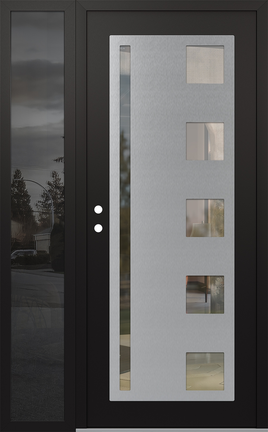 Modern Steel Front Door Diamond C3 50" x 80" black/black clear Glass Panel stainless steel RHI with Sidelite mirrored Glass