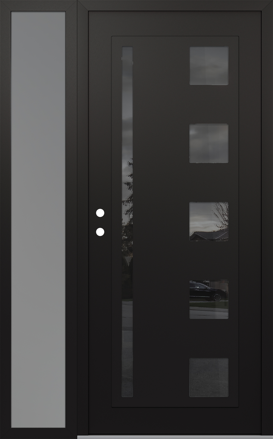 Modern Steel Front Door Diamond C3 50" x 80" black/black mirrored Glass Panel black RHI with Sidelite frosted Glass