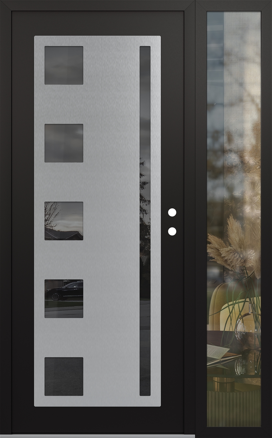 Modern Steel Front Door Diamond C3 50" x 80" black/black mirrored Glass Panel stainless steel LHI with Sidelite clear Glass