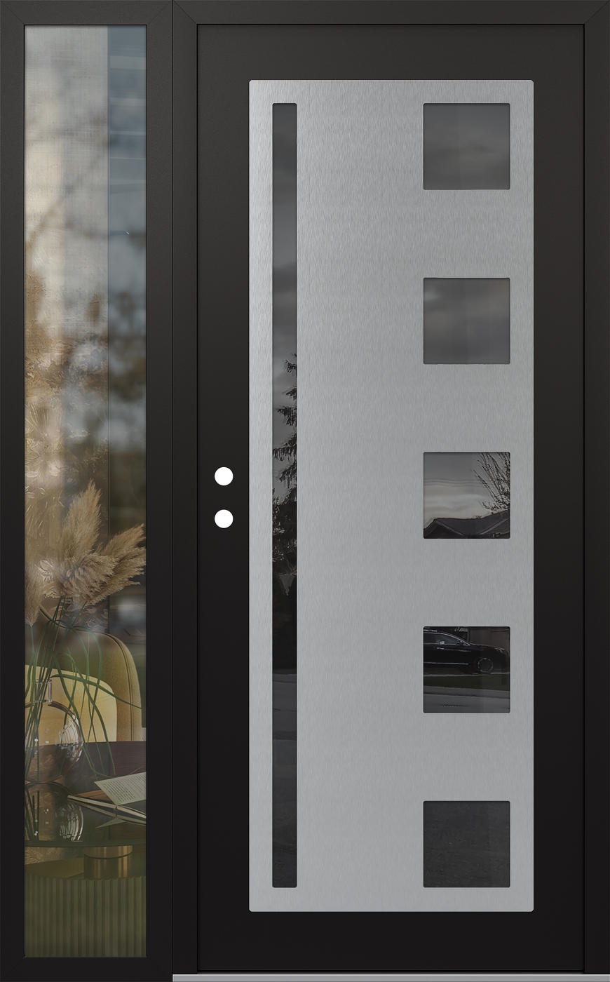 Modern Steel Front Door Diamond C3 50" x 80" black/black mirrored Glass Panel stainless steel RHI with Sidelite clear Glass