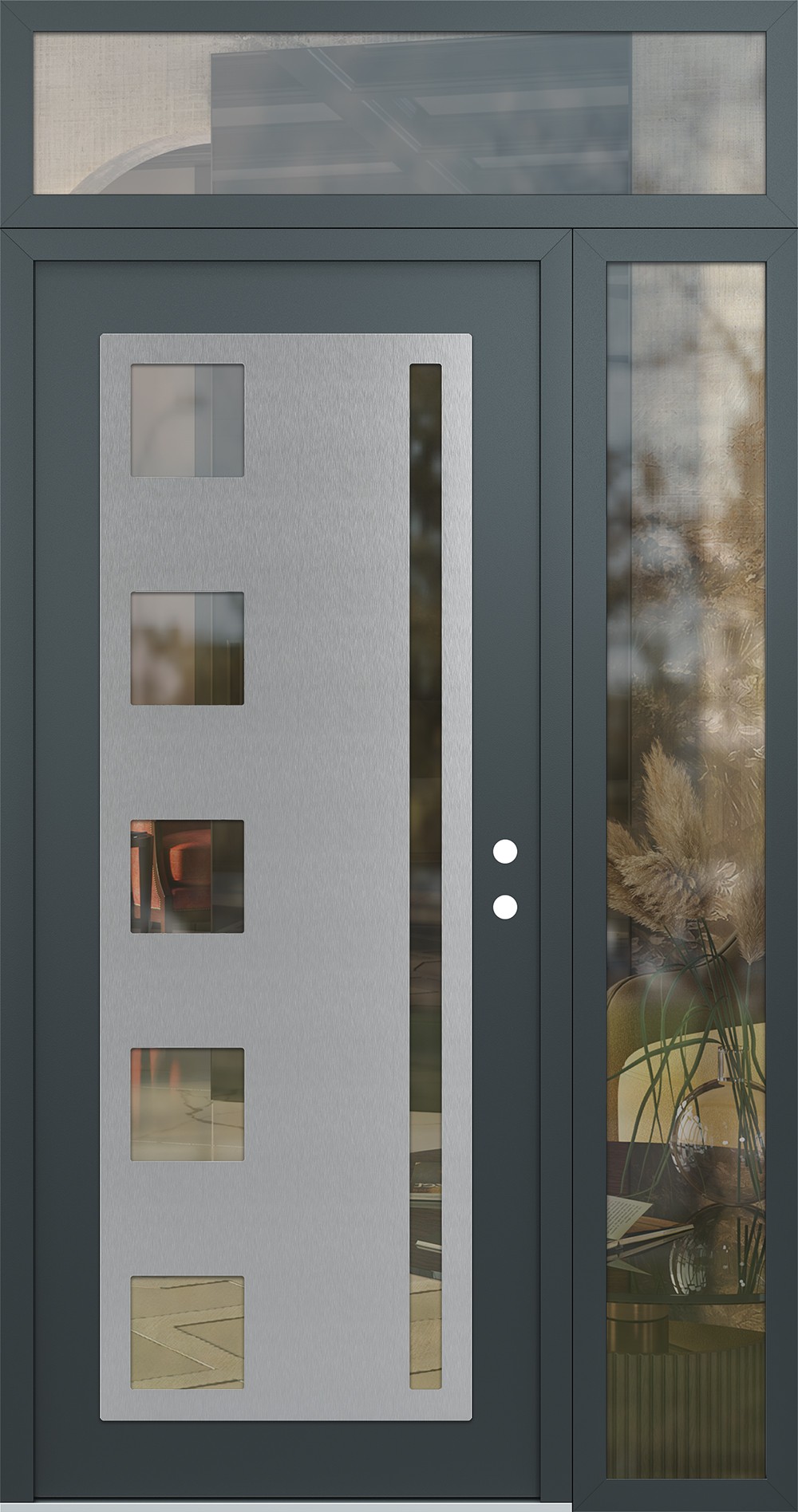 Modern Steel Front Door Diamond C3 50" x 96" anthracite/anthracite clear Glass Panel stainless steel LHI with Sidelite and Transom clear Glass