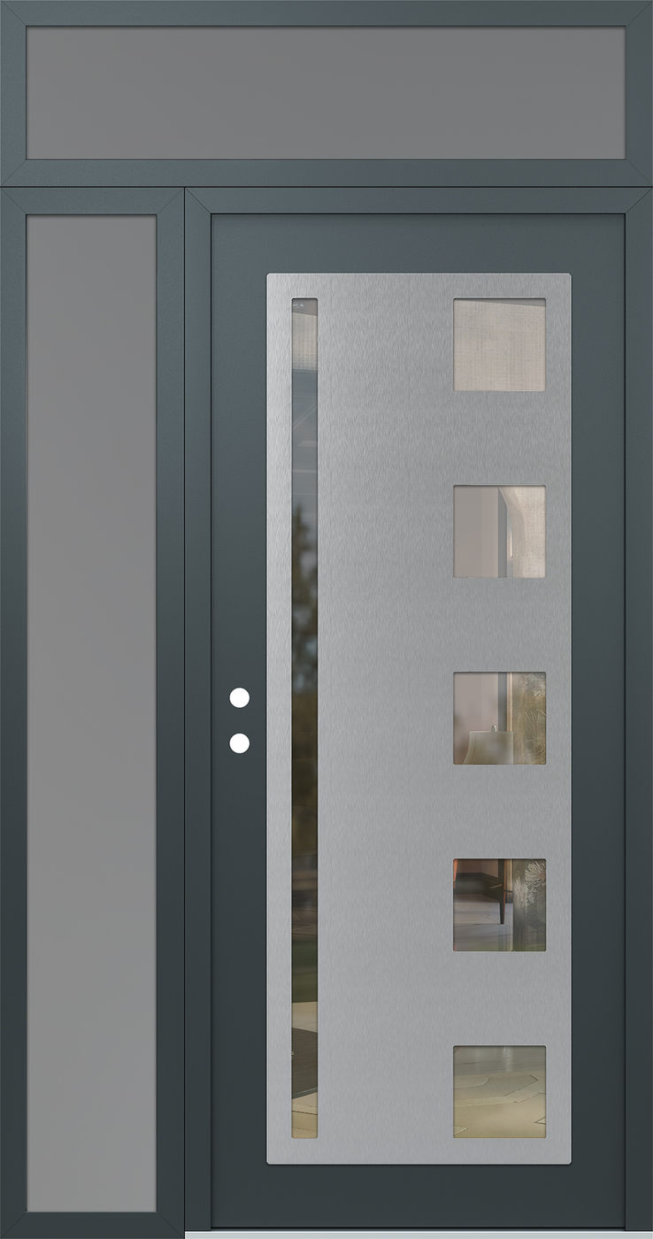 Modern Steel Front Door Diamond C3 50" x 96" anthracite/anthracite clear Glass Panel stainless steel RHI with Sidelite and Transom frosted Glass