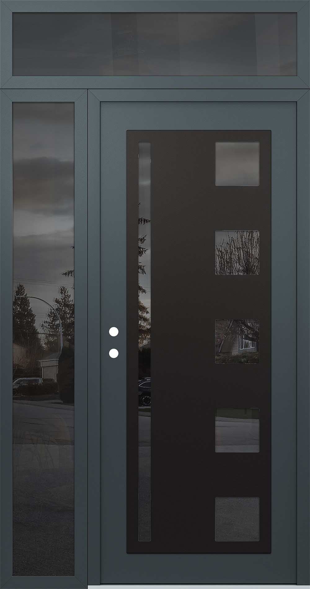 Modern Steel Front Door Diamond C3 50" x 96" anthracite/anthracite mirrored Glass Panel black RHI with Sidelite and Transom mirrored Glass