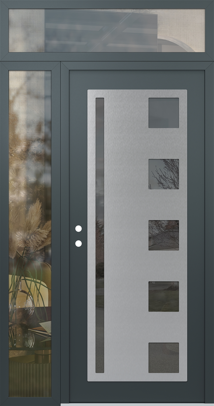 Modern Steel Front Door Diamond C3 50" x 96" anthracite/anthracite mirrored Glass Panel stainless steel RHI with Sidelite and Transom clear Glass