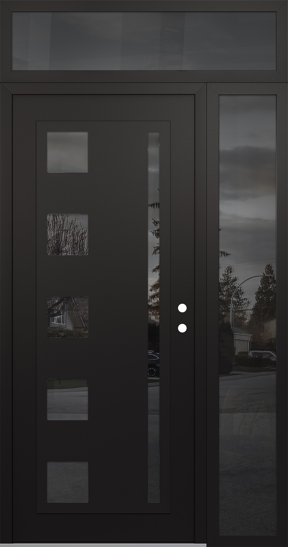 Modern Steel Front Door Diamond C3 50" x 96" black/black mirrored Glass Panel black LHI with Sidelite and Transom mirrored Glass