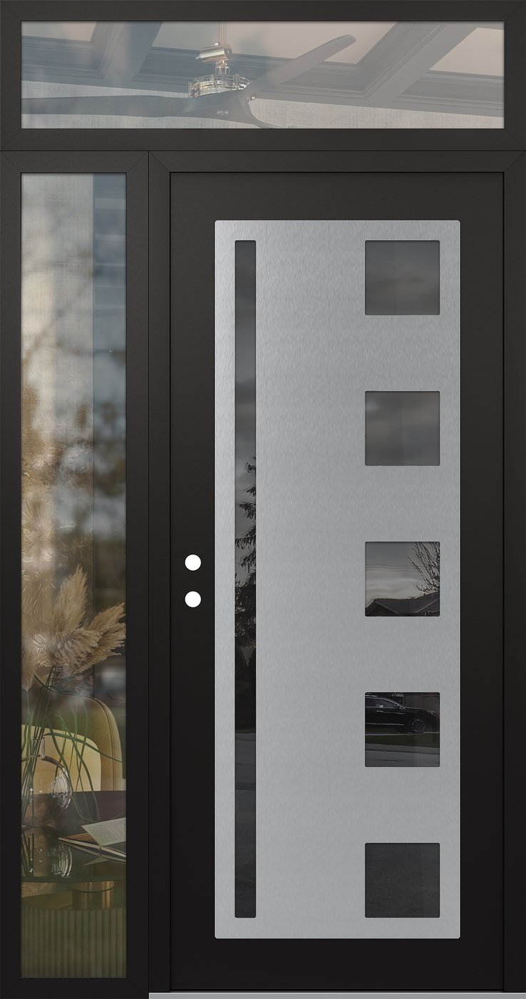 Modern Steel Front Door Diamond C3 50" x 96" black/black mirrored Glass Panel stainless steel RHI with Sidelite and Transom clear Glass