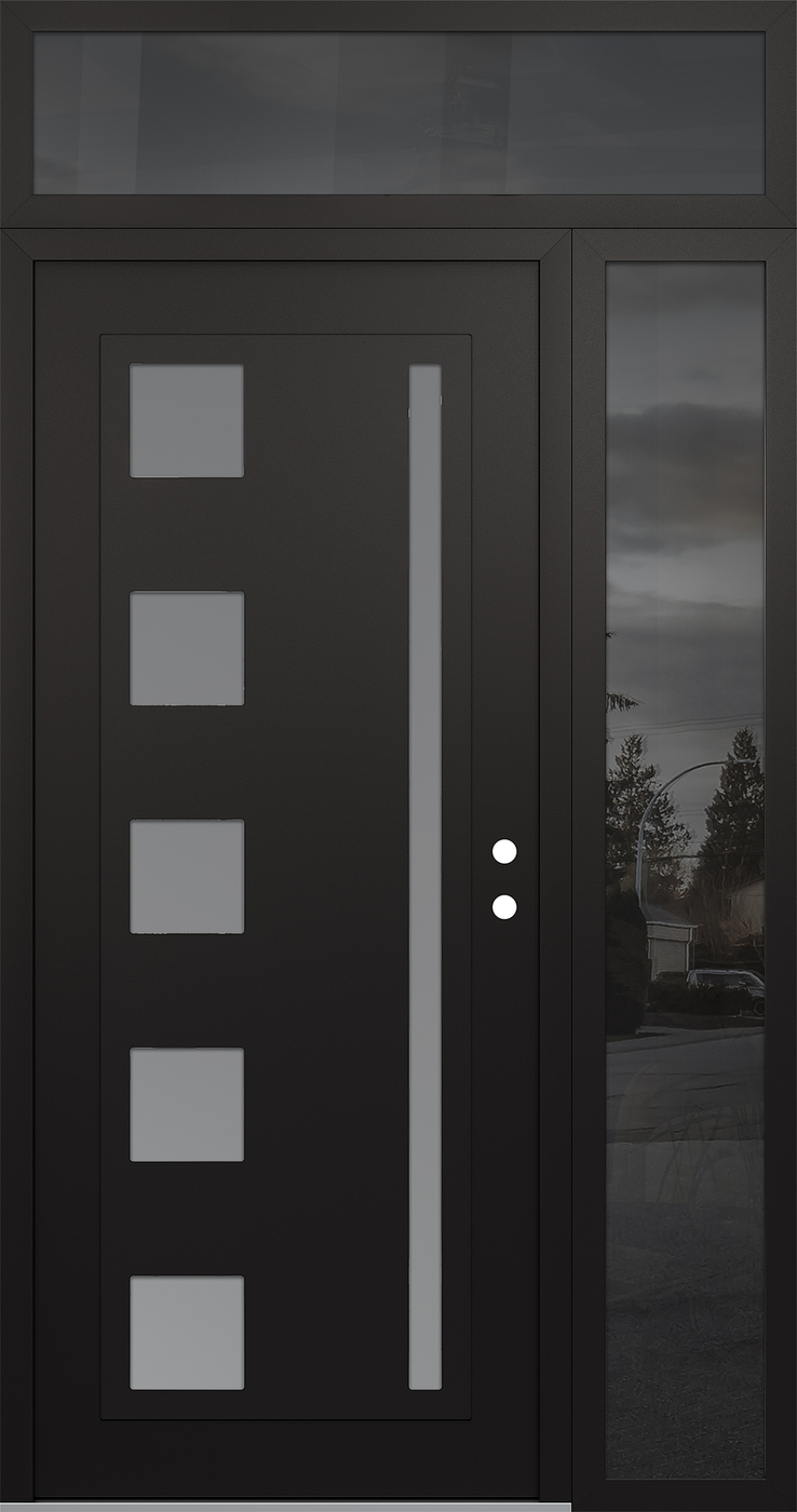 Modern Steel Front Door Diamond C3 50" x 96" black/white frosted Glass Panel black LHI with Sidelite and Transom mirrored Glass