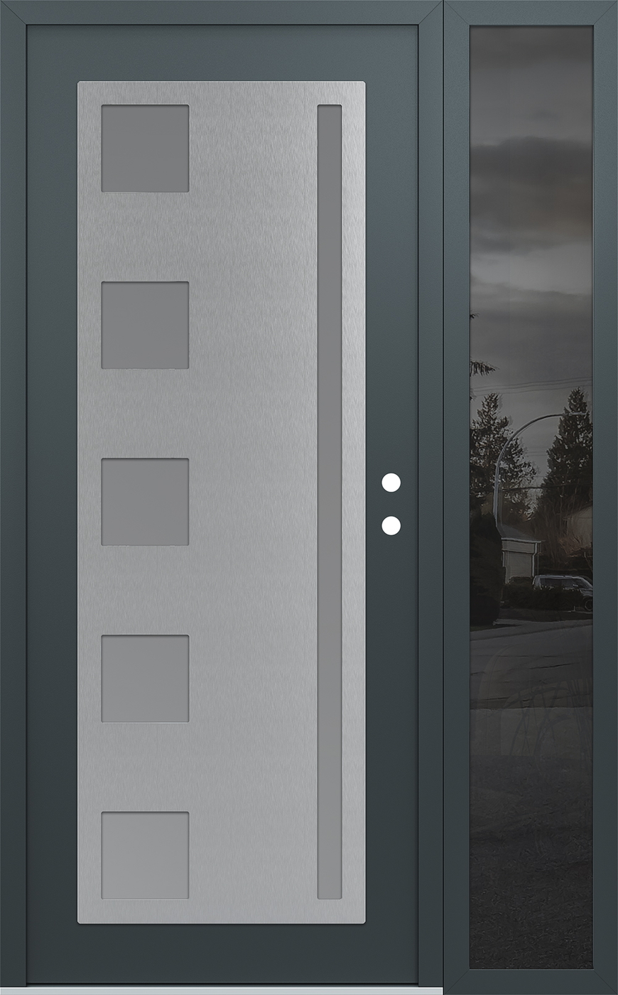 Modern Steel Front Door Diamond C3 52" x 80" anthracite/anthracite frosted Glass Panel stainless steel LHI with Sidelite mirrored Glass