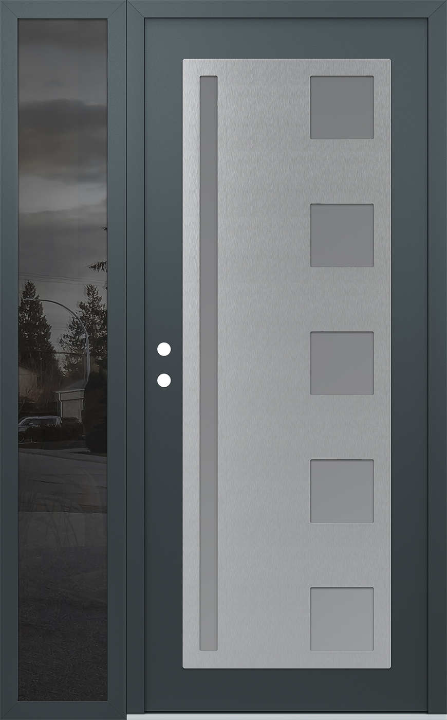 Modern Steel Front Door Diamond C3 52" x 80" anthracite/anthracite frosted Glass Panel stainless steel RHI with Sidelite mirrored Glass