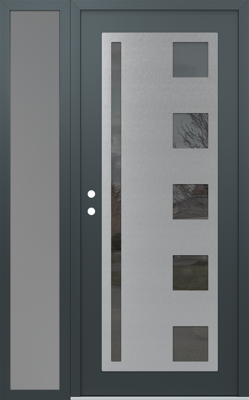Modern Steel Front Door Diamond C3 52" x 80" anthracite/anthracite mirrored Glass Panel stainless steel RHI with Sidelite frosted Glass