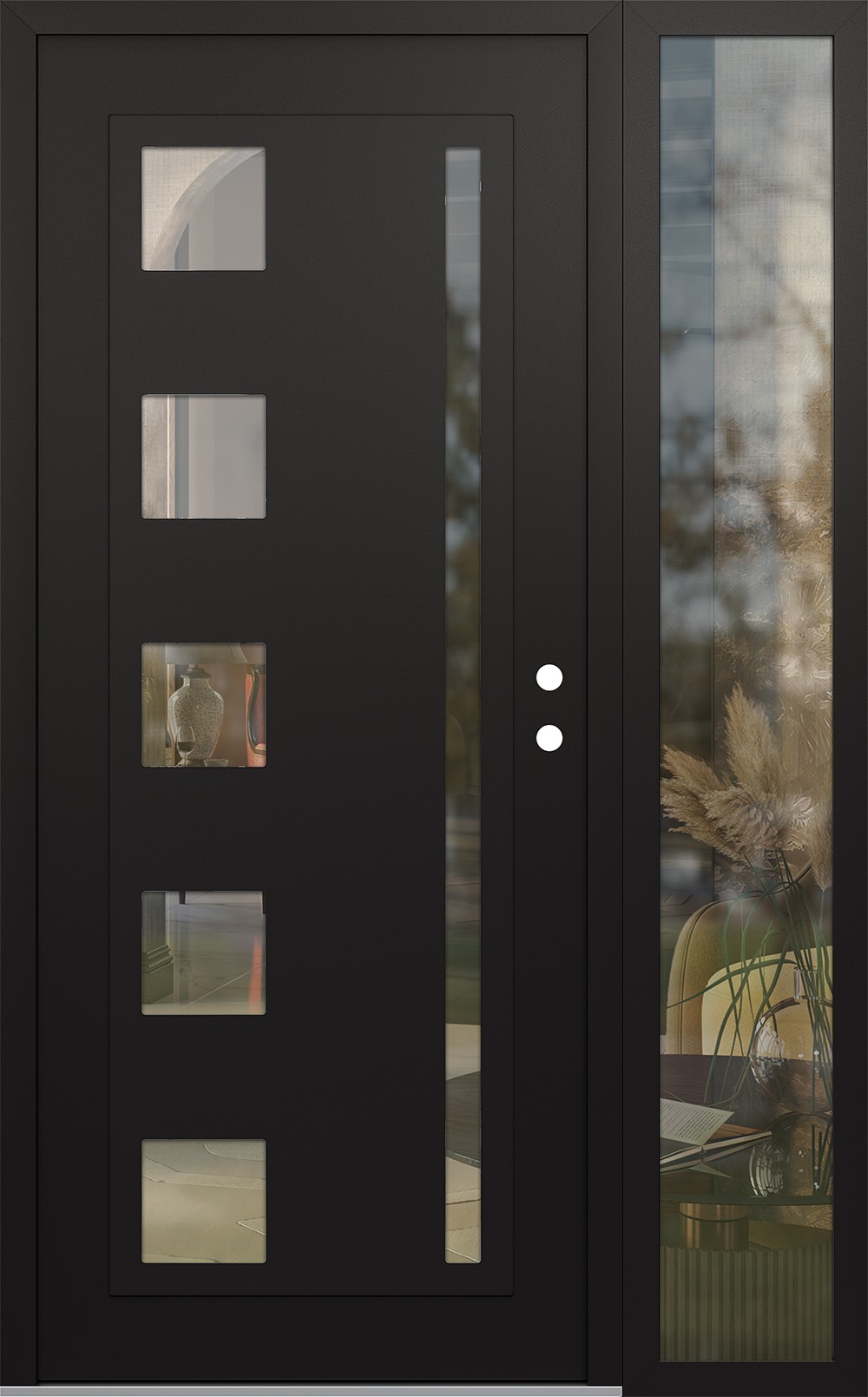 Modern Steel Front Door Diamond C3 52" x 80" black/black clear Glass Panel black LHI with Sidelite clear Glass