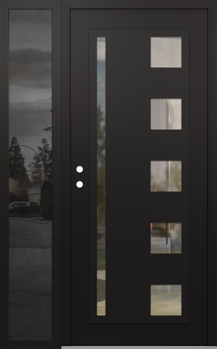 Modern Steel Front Door Diamond C3 52" x 80" black/black clear Glass Panel black RHI with Sidelite mirrored Glass