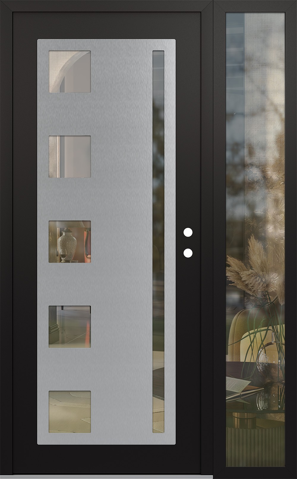 Modern Steel Front Door Diamond C3 52" x 80" black/black clear Glass Panel stainless steel LHI with Sidelite clear Glass