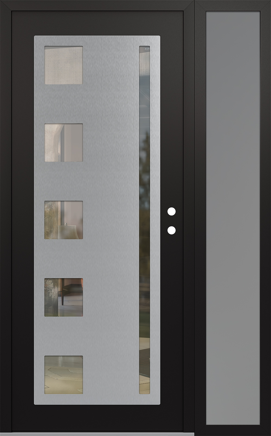 Modern Steel Front Door Diamond C3 52" x 80" black/black clear Glass Panel stainless steel LHI with Sidelite frosted Glass