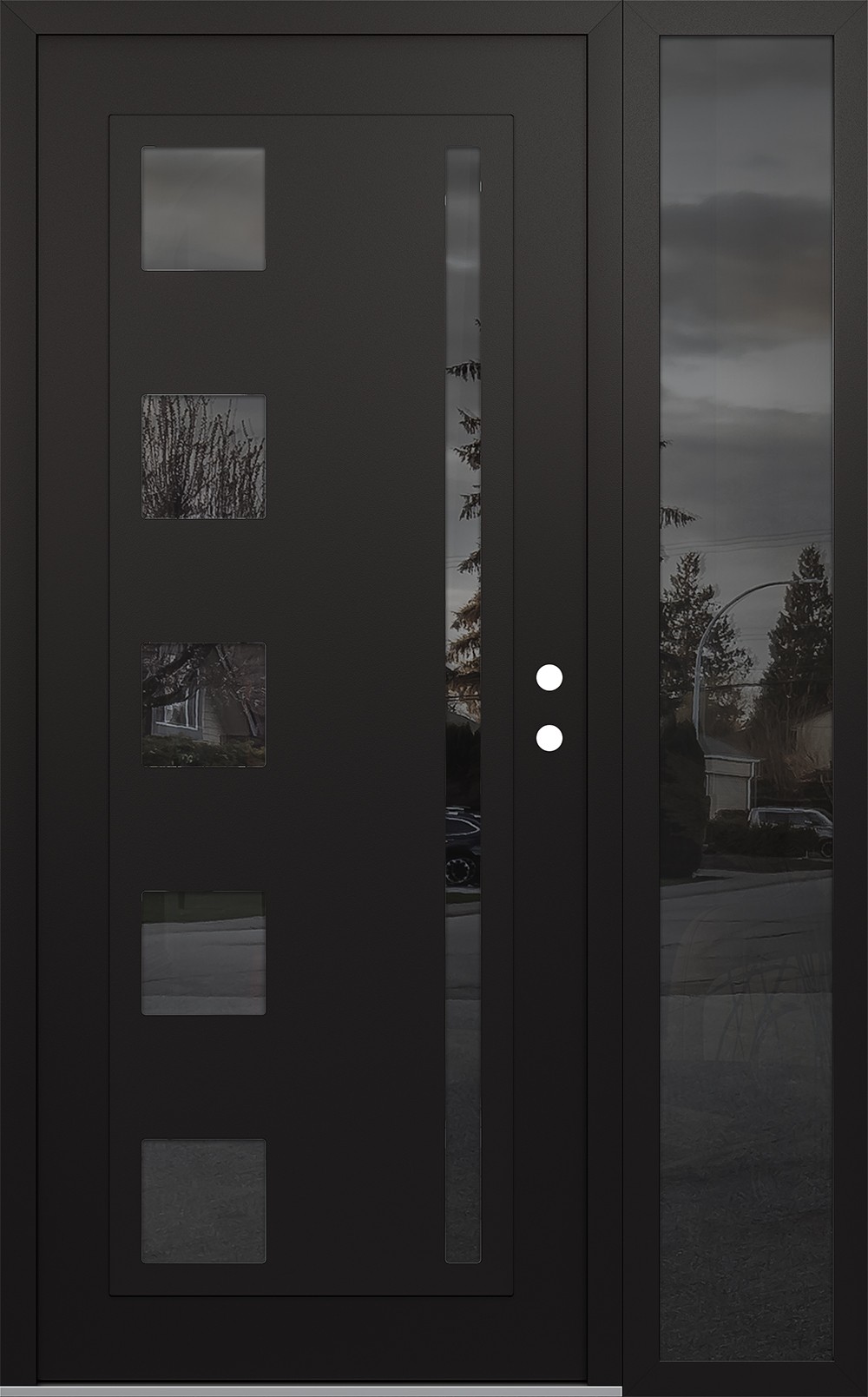 Modern Steel Front Door Diamond C3 52" x 80" black/black mirrored Glass Panel black LHI with Sidelite mirrored Glass