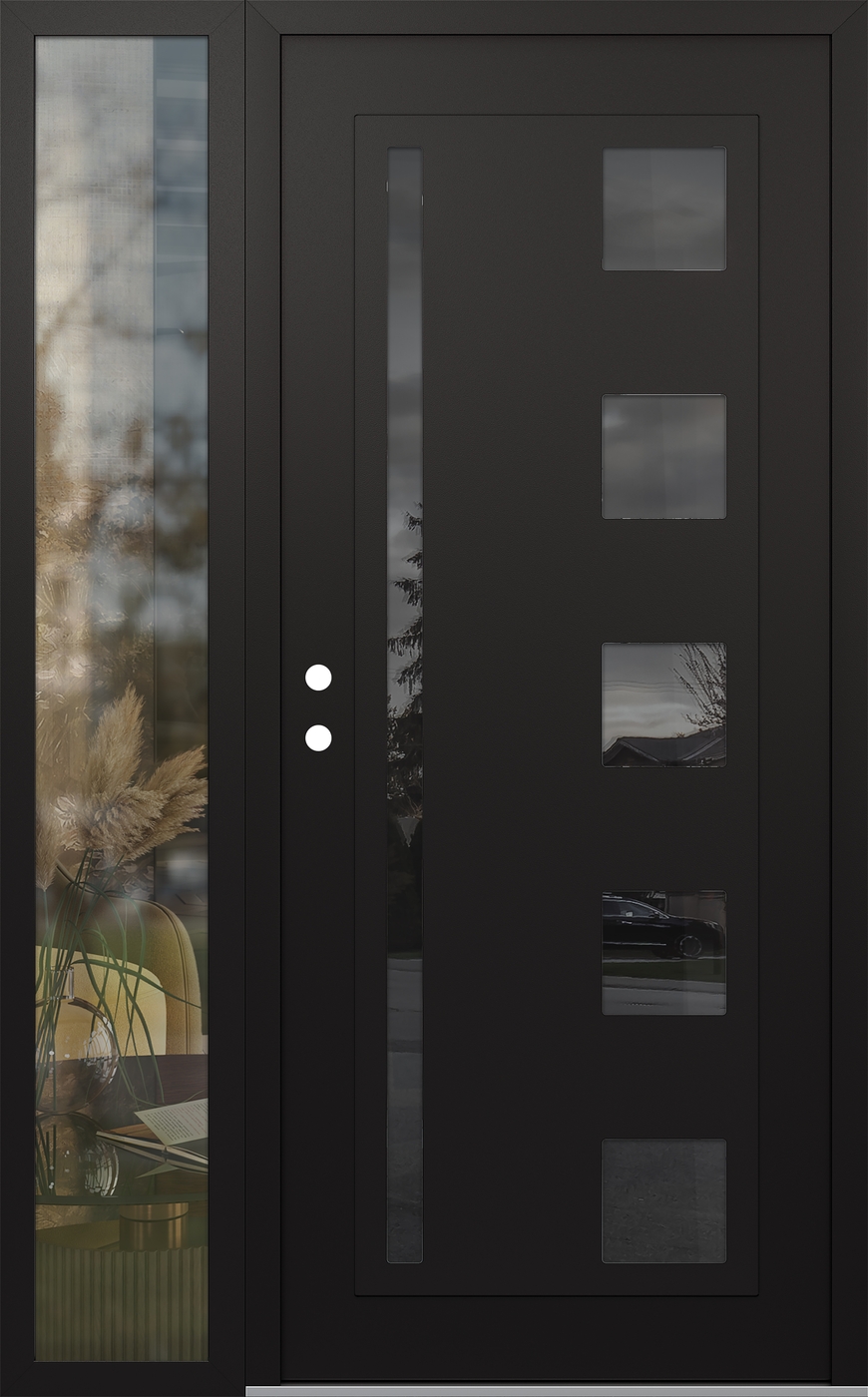 Modern Steel Front Door Diamond C3 52" x 80" black/black mirrored Glass Panel black RHI with Sidelite clear Glass