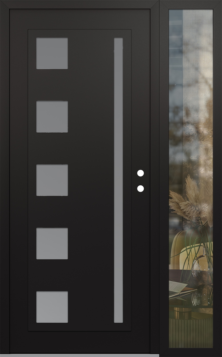 Modern Steel Front Door Diamond C3 52" x 80" black/white frosted Glass Panel black LHI with Sidelite clear Glass