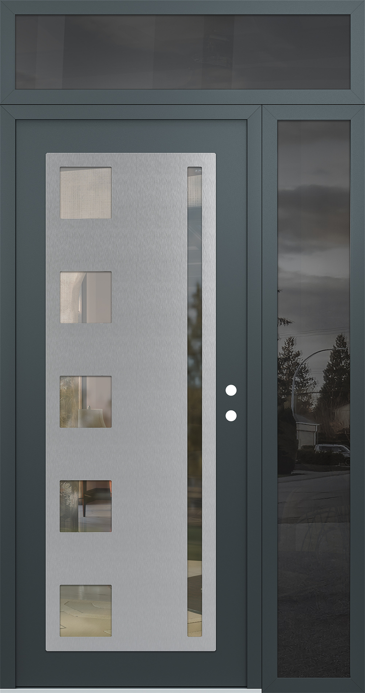 Modern Steel Front Door Diamond C3 52" x 96" anthracite/anthracite clear Glass Panel stainless steel LHI with Sidelite and Transom mirrored Glass