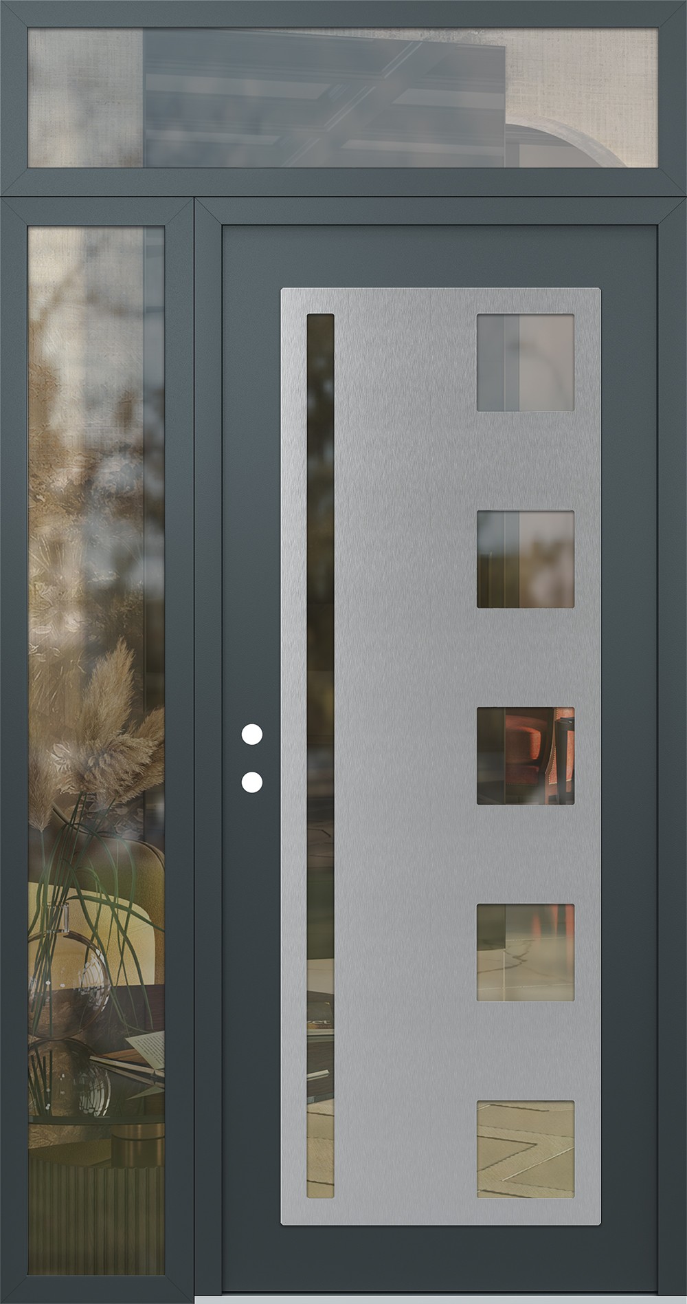 Modern Steel Front Door Diamond C3 52" x 96" anthracite/anthracite clear Glass Panel stainless steel RHI with Sidelite and Transom clear Glass