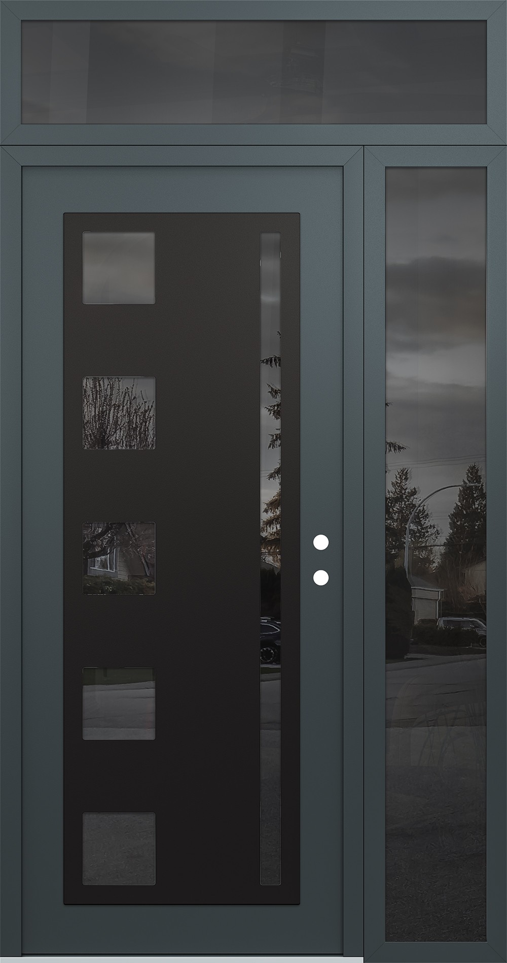 Modern Steel Front Door Diamond C3 52" x 96" anthracite/anthracite mirrored Glass Panel black LHI with Sidelite and Transom mirrored Glass